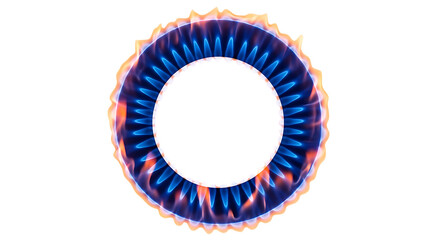 Close-up of a circular blue and orange flame on a white background, highlighting the intense heat and energy of fire