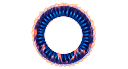 Close-up of a circular blue and orange flame on a white background, highlighting the intense heat and energy of fire