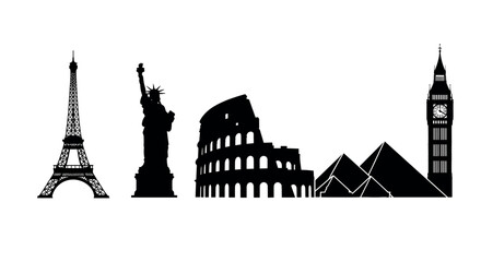 Obraz premium Black silhouette illustration of four iconic world landmarks including the eiffel tower, statue of liberty, colosseum, and big ben.