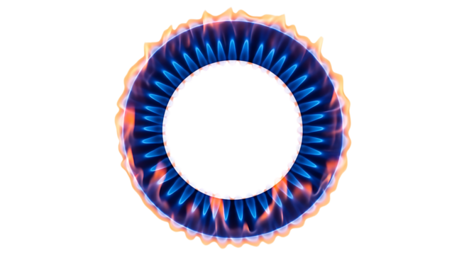 Close-up of a circular blue and orange flame on a white background, highlighting the intense heat and energy of fire