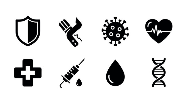 Collection of eight black icons including shield, paint roller, virus, heart, medical cross, syringe, blood droplet, and dna helix.