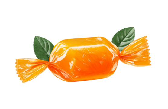 Orange Candy Wrapped in Foil with Leaves isolated on a transparent background