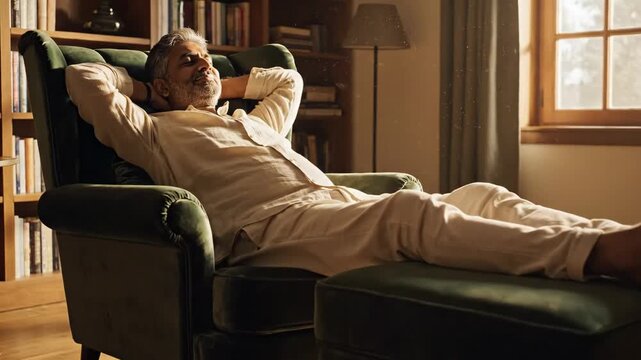 Senior man relaxing in a comfortable green armchair with his feet up on an ottoman at home, enjoying a moment of serene leisure and self-care in natural daylight