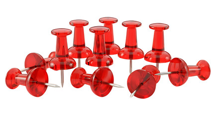 A vibrant array of translucent red pushpins, essential for organization and securing documents, scattered on a clean white background, symbolizing efficiency in any workspace