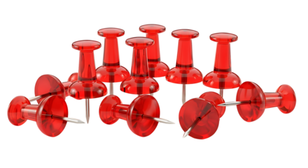 A vibrant array of translucent red pushpins, essential for organization and securing documents, scattered on a clean white background, symbolizing efficiency in any workspace