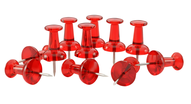 A vibrant array of translucent red pushpins, essential for organization and securing documents, scattered on a clean white background, symbolizing efficiency in any workspace
