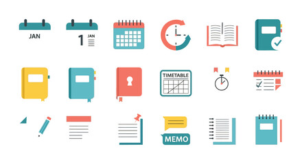 Collection of colorful flat design illustrations of calendars notebooks and stationery items for planning and organization