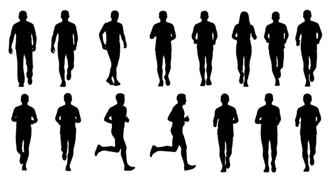 Silhouettes of multiple individuals engaging in various walking and jogging poses, highlighting diverse human activities in side and front profiles.
