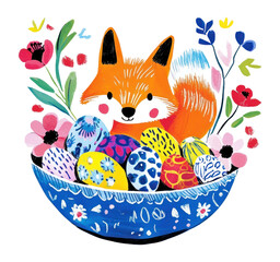 Naklejka premium PNG Fox colorful easter eggs illustration decorated flowers.
