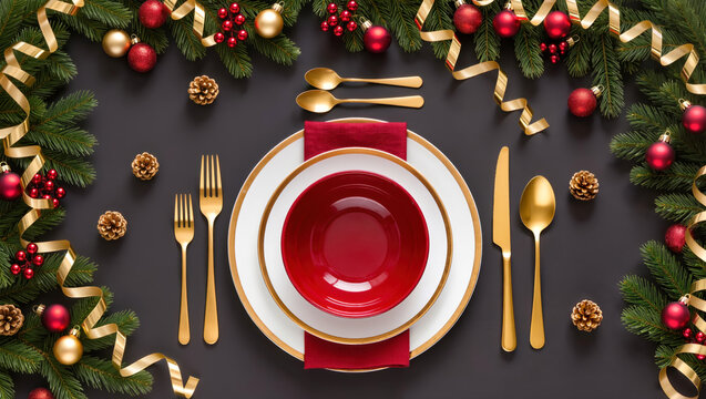 Christmas table setting with red and white plates, gold cutlery, pine branches, baubles, ribbons and cones on dark background. Top view concept.