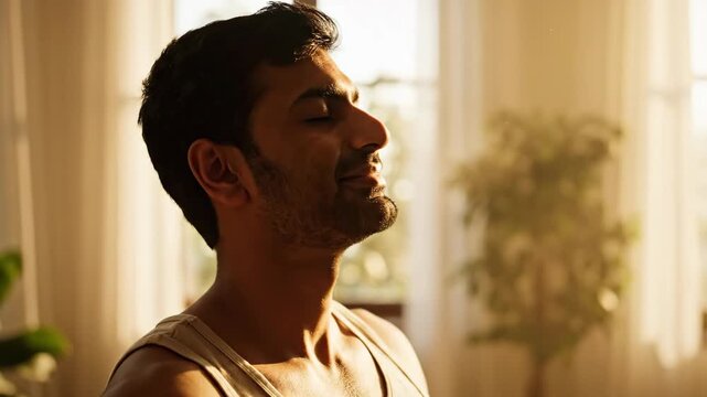 Young man sitting in sukhasana pose with eyes closed and hands in gyan mudra, finding balance and harmony during a home yoga session in warm sunlight, cultivating mindfulness - Powered by Adobe