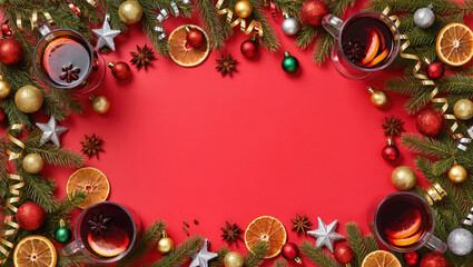 Christmas flat lay with mulled wine, dried oranges, fir branches, baubles and star anise on red background, festive winter drink composition