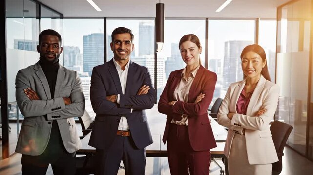 Diverse business professionals standing with arms crossed, smiling confidently in a modern office conference room with a city view, representing leadership and corporate success