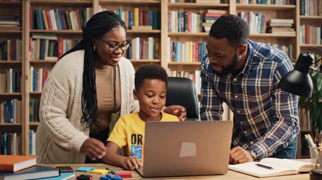 Black parents guide their young son through online learning and homework at a home library desk, sharing smiles and support as they study together on a laptop - Powered by Adobe