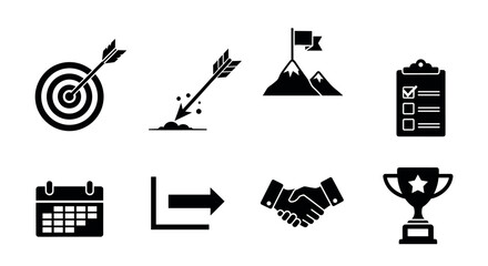 Black icon set featuring a target with an arrow, mountain with flags, checklist on a clipboard, calendar, graph with arrow, handshake, and trophy with a star.