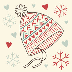Cozy winter hat with festive patterns and snowflakes