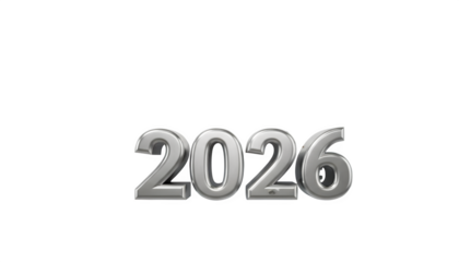 Silver metallic 3d numbers spelling out the year 2026 isolated on transparent background