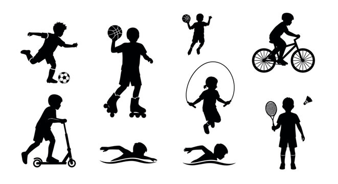 Silhouette figures of children engaged in various sports activities, including soccer, skating, cycling, jumping rope, swimming, scooting, and playing badminton.