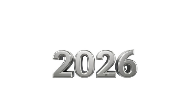 Silver metallic 3d numbers spelling out the year 2026 isolated on transparent background - Powered by Adobe