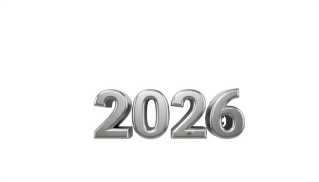 Silver metallic 3d numbers spelling out the year 2026 isolated on transparent background