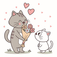 Cute cat giving a bouquet of flowers to another cat with hearts floating around