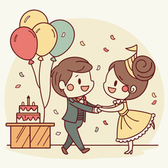 Cute couple dancing at a celebration with balloons and cake
