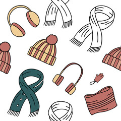 Cute hand drawn winter clothing accessories seamless pattern