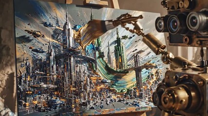 Steampunk robot artist creating a textured impasto painting with rich gold and blue colors on a vertical canvas, illustrating the blend of artificial intelligence, art, and creative technology - Powered by Adobe