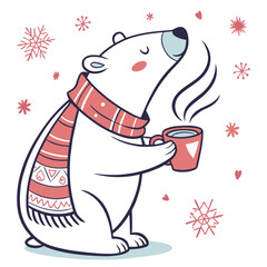 Cute polar bear wearing a scarf holding a warm drink surrounded by snowflakes © harun