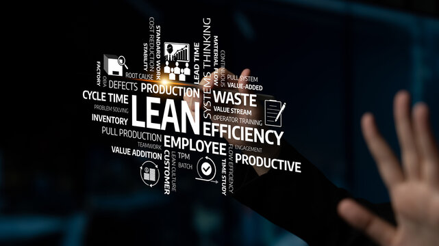 A focused individual interacts with key lean management principles displayed visually, highlighting efficiency, productivity, and strategic improvement in business operations. Tessel