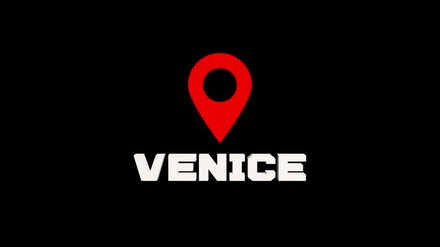 Venice city name with a red location pin, symbolizing travel destination and navigation concept on a black background.