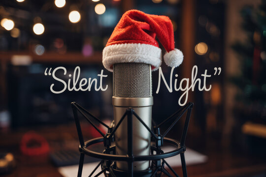 Festive microphone wearing a Santa hat ready for a Silent Night recording session.