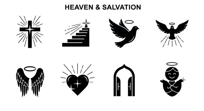 Black and white icons representing religious symbols, including a cross, dove, angel, wings, heart, staircase, and gate, signifying themes of heaven and salvation.