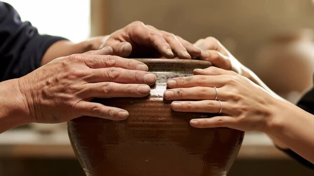Two sets of human hands, one adult and one younger, are gently shaping a clay pot, illustrating the concept of teaching craftsmanship and intergenerational skill transfer