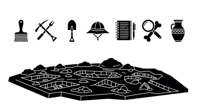 Black silhouette icons depicting archaeological tools and artifacts, including a brush, pickaxe, shovel, pith helmet, notebook, magnifying glass, bones, and a vase.