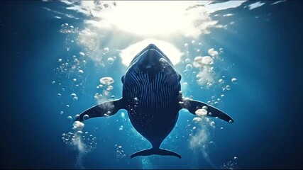 A majestic large whale gracefully swims upwards towards the ethereal surface of the vast ocean, illuminated by radiant sunbeams piercing through the deep blue water with surrounding bubbles