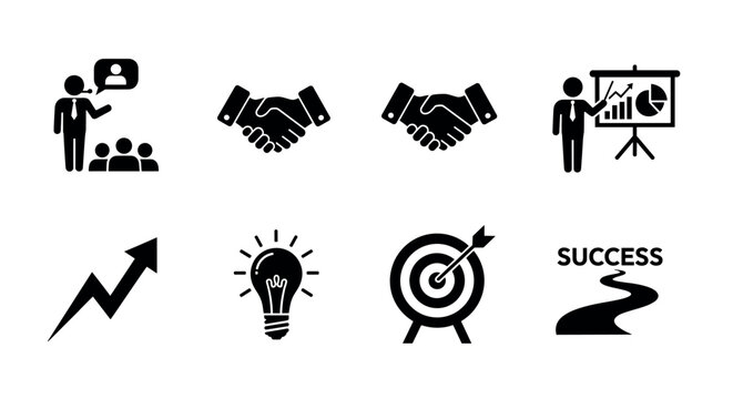Black silhouette icons depict various business and success concepts, including presentations, networking, growth, innovation, target achievement, and a success path.