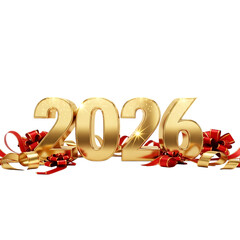 Golden 2026 numbers surrounded by festive red and gold ribbons on a black background