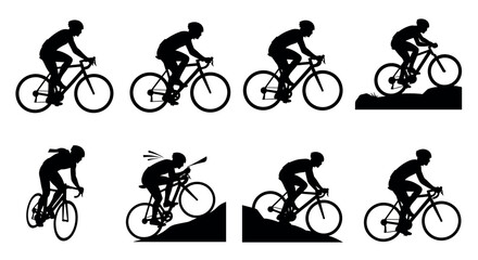 Obraz premium Silhouette illustrations of cyclists in various dynamic riding poses, showcasing different biking techniques and movements.