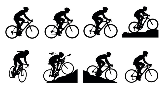Silhouette illustrations of cyclists in various dynamic riding poses, showcasing different biking techniques and movements.