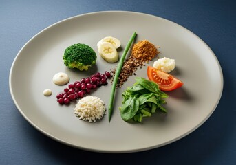 Conceptual plating showing nutrient-dense ingredients arranged artfully on a dish, symbolizing the fusion of culinary arts and advanced food science, culinary, laboratory, protein