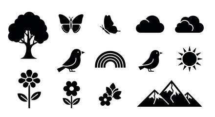 Black outline icons representing nature, featuring a tree, butterflies, clouds, birds, a rainbow, the sun, flowers, and mountains with snowy peaks.