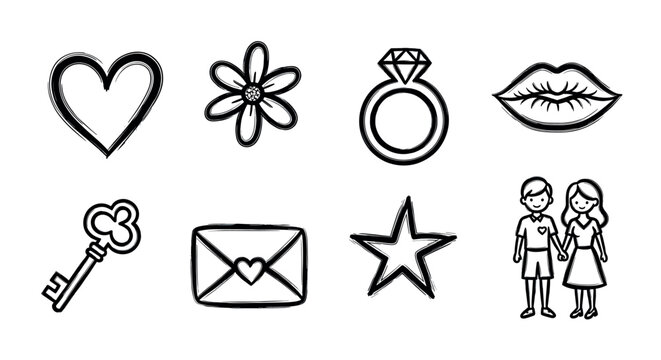 Black outline drawings of romantic icons including a heart, flower, engagement ring, lips, key, envelope, star, and a couple holding hands.