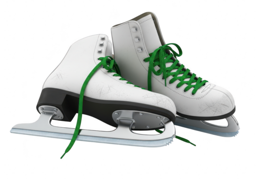 A pair of white ice skates with green laces, , perfect for winter sports, recreation, and holidaythemed designs and projects  isolated on transparent background	 - Powered by Adobe