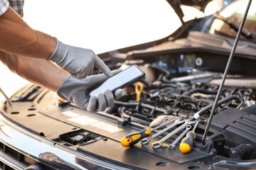 A auto mechanic hands repair auto with mobil phone