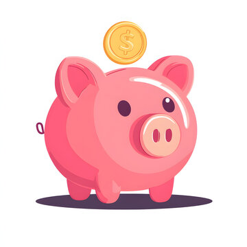 A cute pink cartoon piggy bank with a gold dollar coin being dropped into the slot, symbolizing savings and finance.