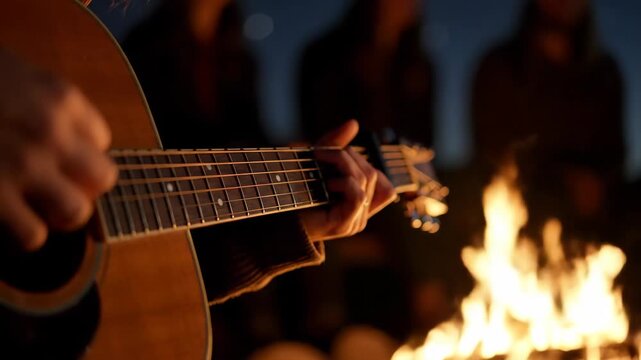 Close-up of hands strumming an acoustic guitar by a glowing campfire as friends gather in the background at night, creating cozy music, warmth, and relaxed togetherness
