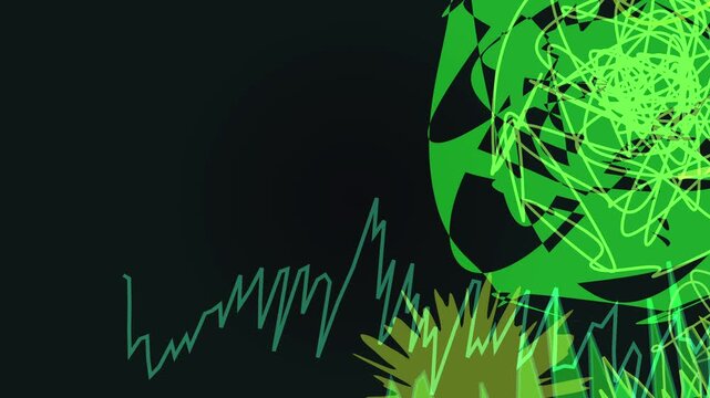 Abstract digital art with chaotic green scribbles and organic shapes on a dark background, vibrant and energetic