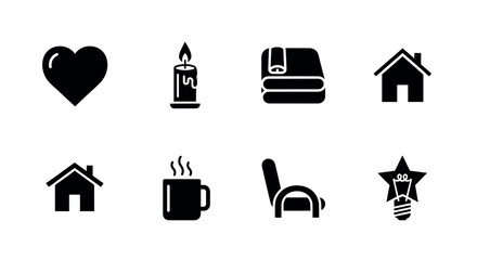 Set of eight black silhouette icons representing a heart, candle, folded blanket, two houses, coffee mug, chair, and award ribbon.