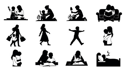 Silhouettes of family interactions, including cooking, gardening, reading, shopping, playing, and affection between a mother, father, and children.